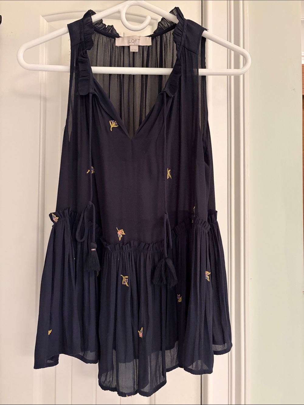 LOFT Navy Sleeveless Embroidered Tassel Peplum Top